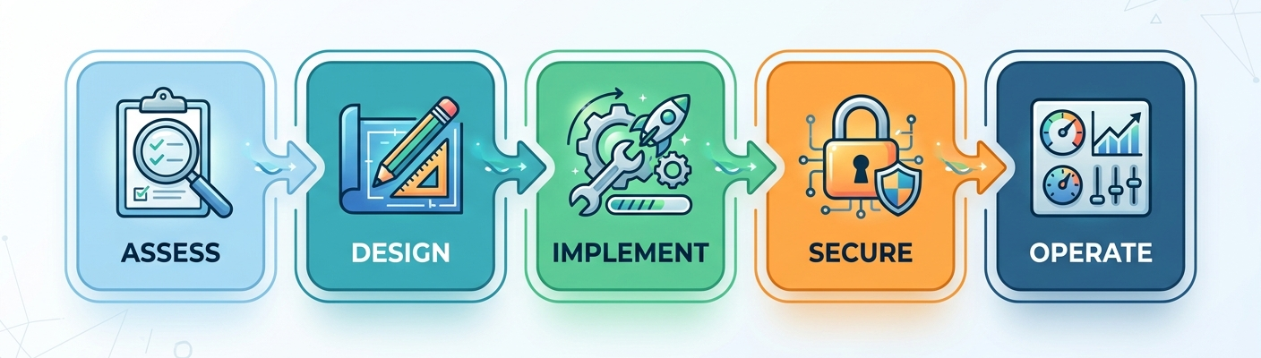 IdentityOpsIAM process flow: Assess, Design, Implement, Secure, Operate